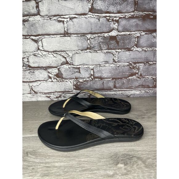 OLUKAI Honu Black Leather Beach Slides Flip Flop Sandals Women’s Sz 11M US/41EU - Picture 1 of 16